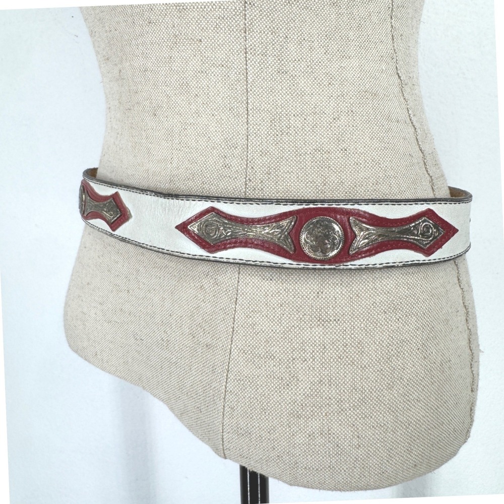 Nocona Belt Womens Western Leather Belt White Black Red Silver Concho USA 28